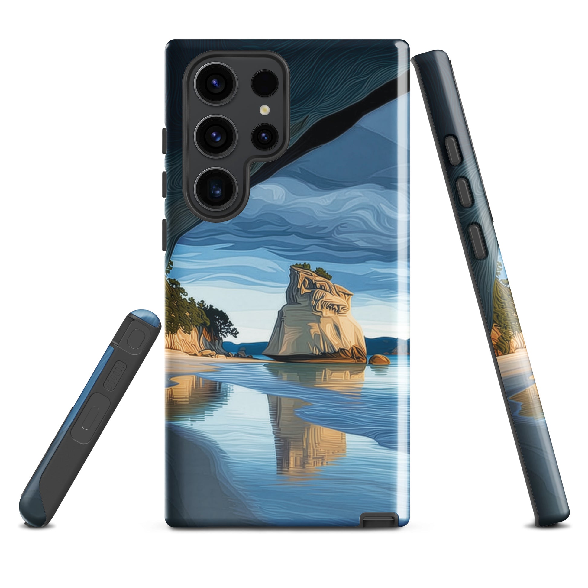 Artistic Cathedral Cove coastal designer phone case with arch rock, blue ocean and golden cliffs