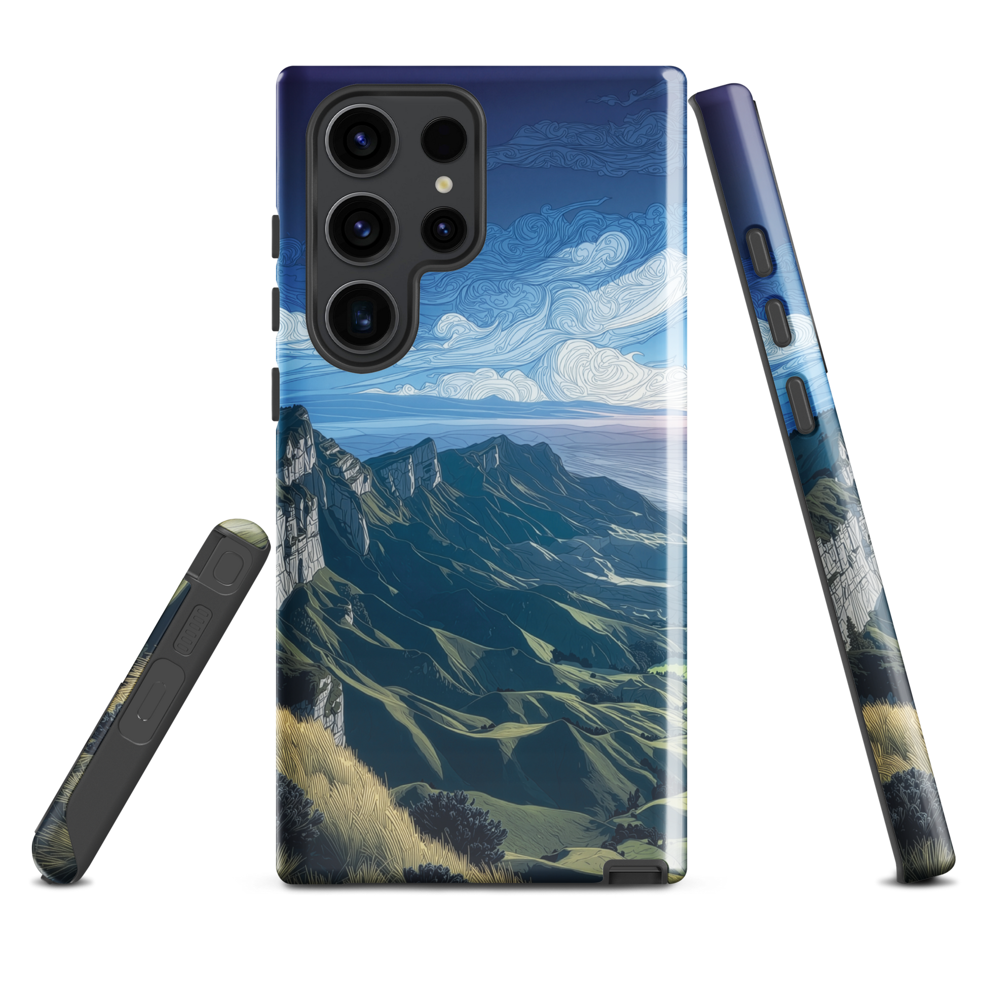 Te Mata Peak designer phone case with Hawke’s Bay cliffs, rolling green hills and dramatic swirling sky