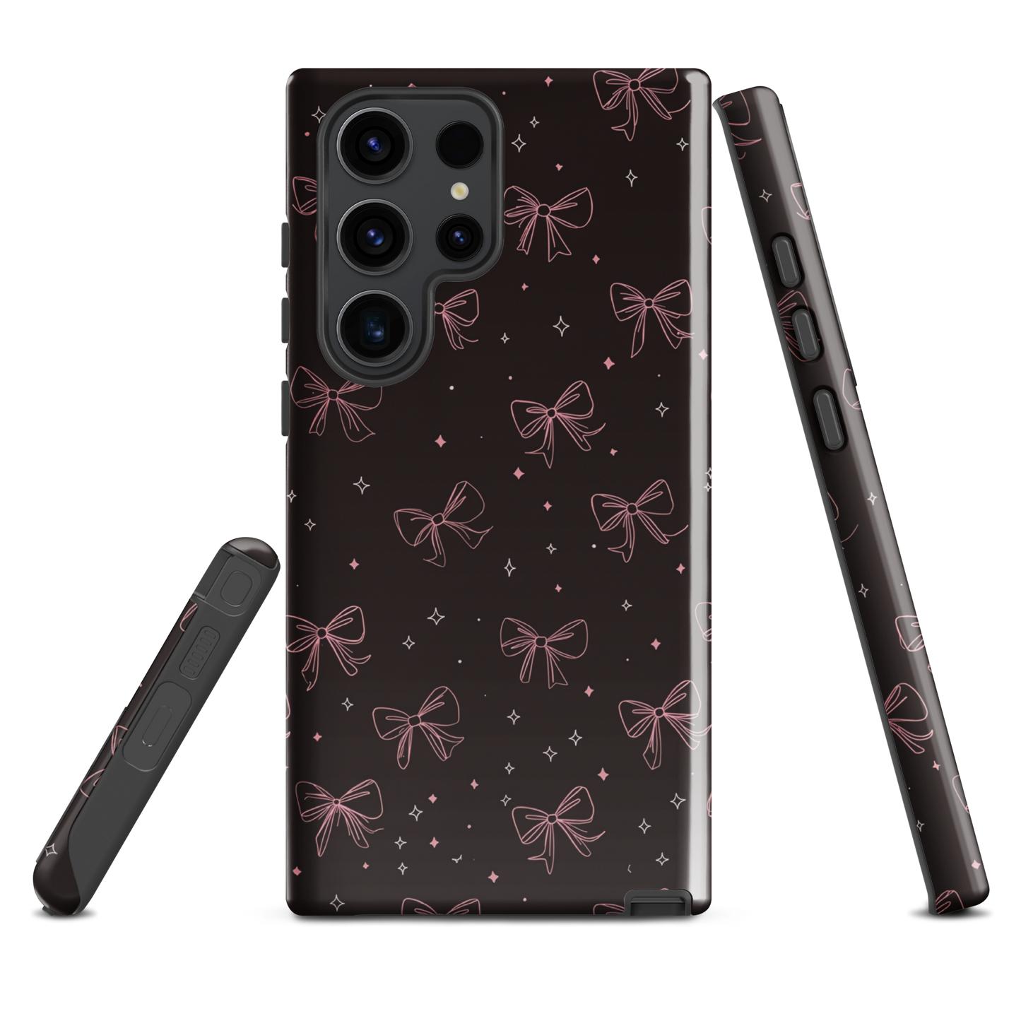 Midnight Bow seamless repeat pattern — pink hand-drawn ribbon bows and sparkle stars on a black background