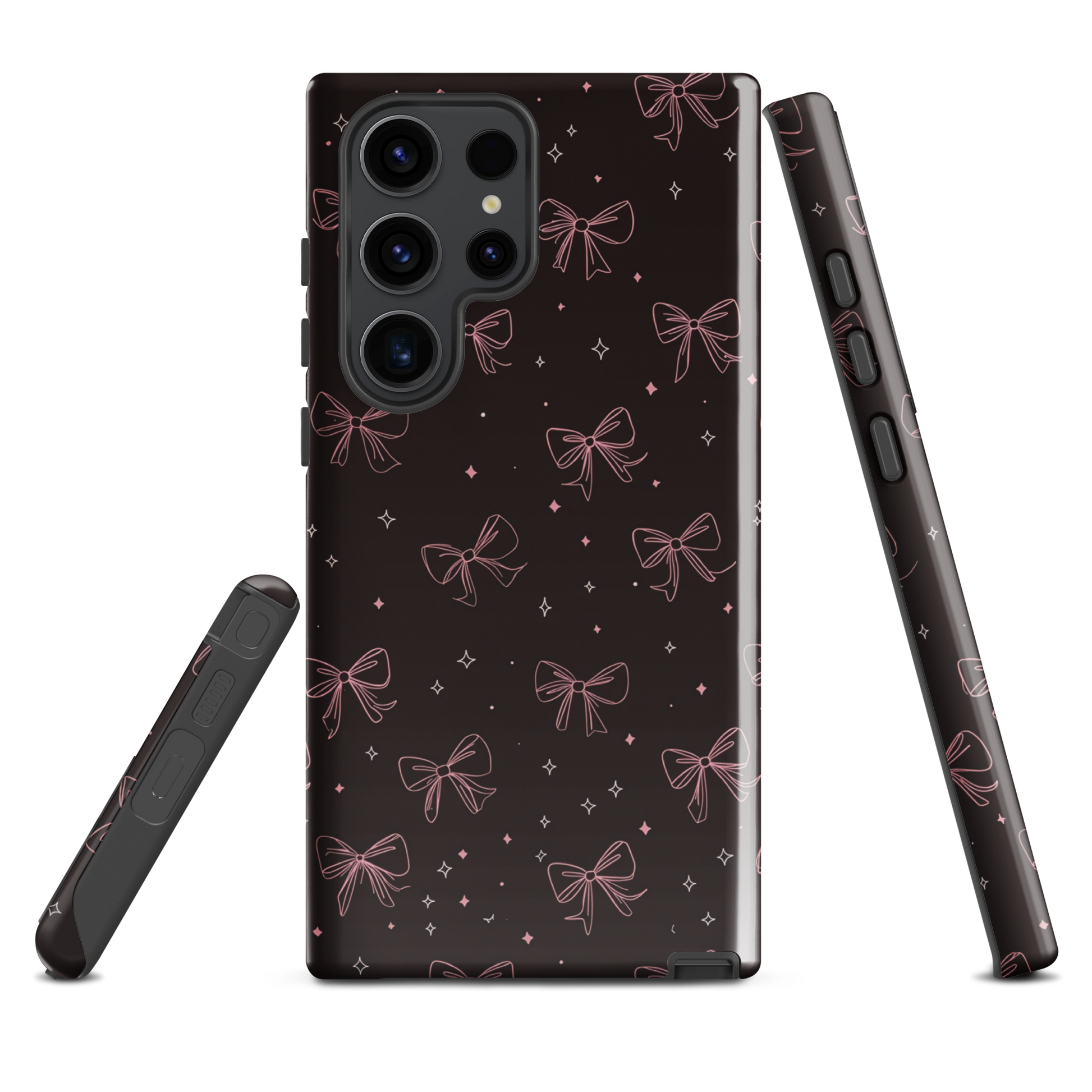Midnight Bow seamless repeat pattern — pink hand-drawn ribbon bows and sparkle stars on a black background