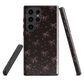 Midnight Bow seamless repeat pattern — pink hand-drawn ribbon bows and sparkle stars on a black background