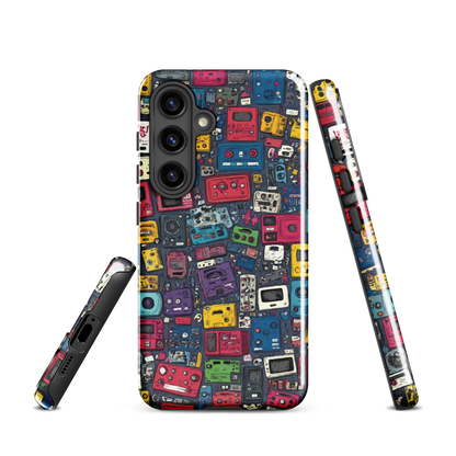 'Arcade' Samsung case, featuring a vibrant collage of hand-drawn controllers in bold, vintage-inspired colours. From electric blue and hot pink to classic black and yellow