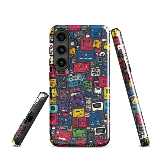 'Arcade' Samsung case, featuring a vibrant collage of hand-drawn controllers in bold, vintage-inspired colours. From electric blue and hot pink to classic black and yellow