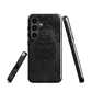 Black embossed damask phone case with gothic baroque pattern.