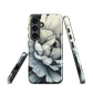 Black and white floral phone case featuring a soft, moody peony design by New Zealand artist Ben Hart.