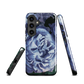 Designer phone case with a bold blue rose artwork and glossy finish.