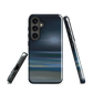 Dark abstract phone case with blue and grey streaks and glossy finish.