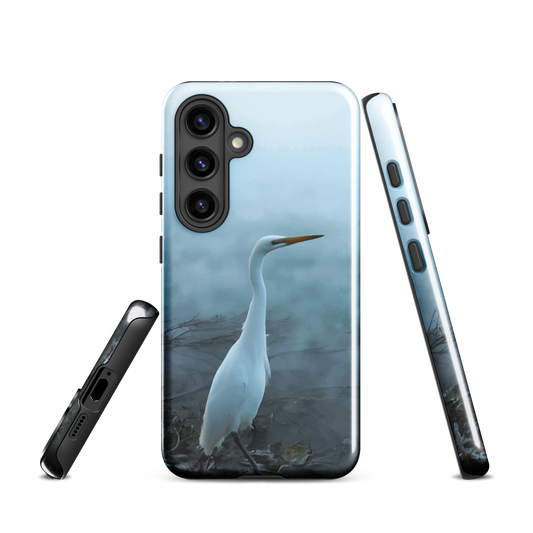 'White Heron in the mist' Samsung Galaxy S24 tough phone case - protective glossy case NZ Australia
