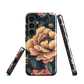 Phone case with vintage-style pink roses and bees on dark background, floral New Zealand artwork.