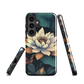 Phone case with ivory water lily, green leaves, and butterfly accents on dark background