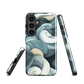Phone case with abstract swirling ocean waves in blue and cream