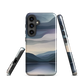 Phone case with moody blue and purple layered mountain and lake landscape artwork
