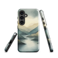 Phone case with soft mountain and valley design in misty green, blue, and golden tones