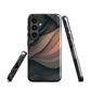 Phone case with flowing abstract design in black, copper and charcoal tones, inspired by dusk shadows