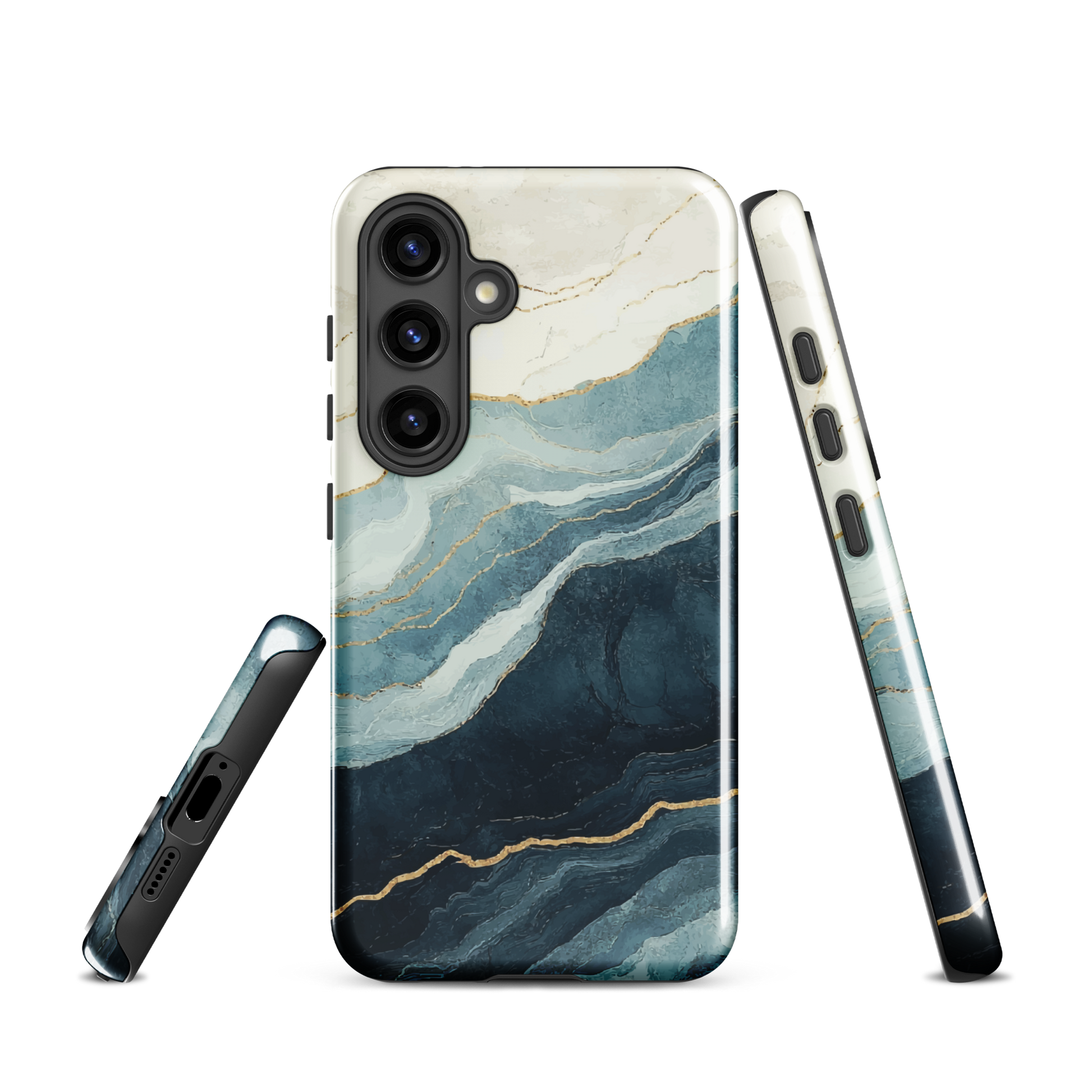 An elegant abstract phone case inspired by layered coastal forms in blue and teal tones.