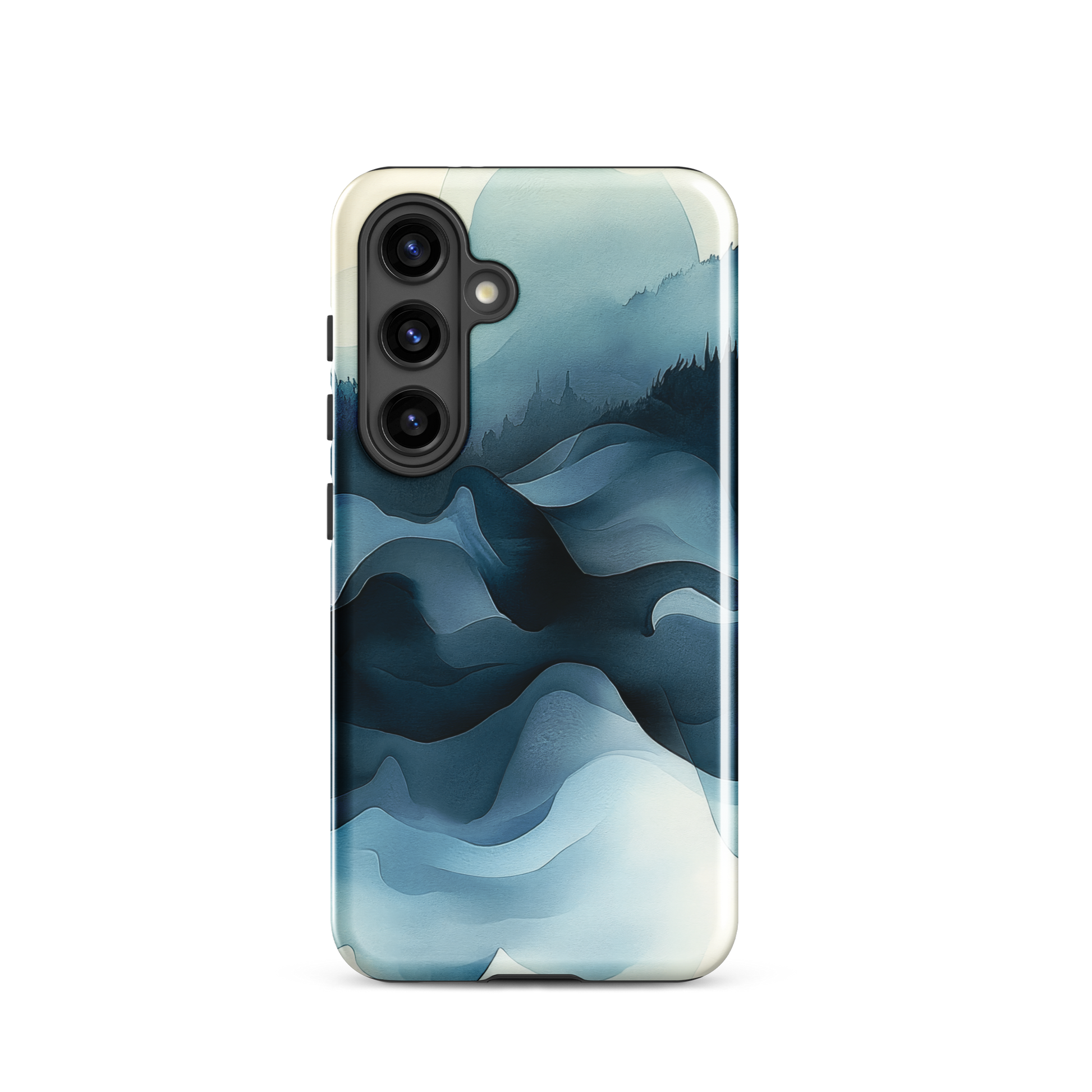 A calming abstract landscape phone case inspired by quiet valleys and soft blue tones.