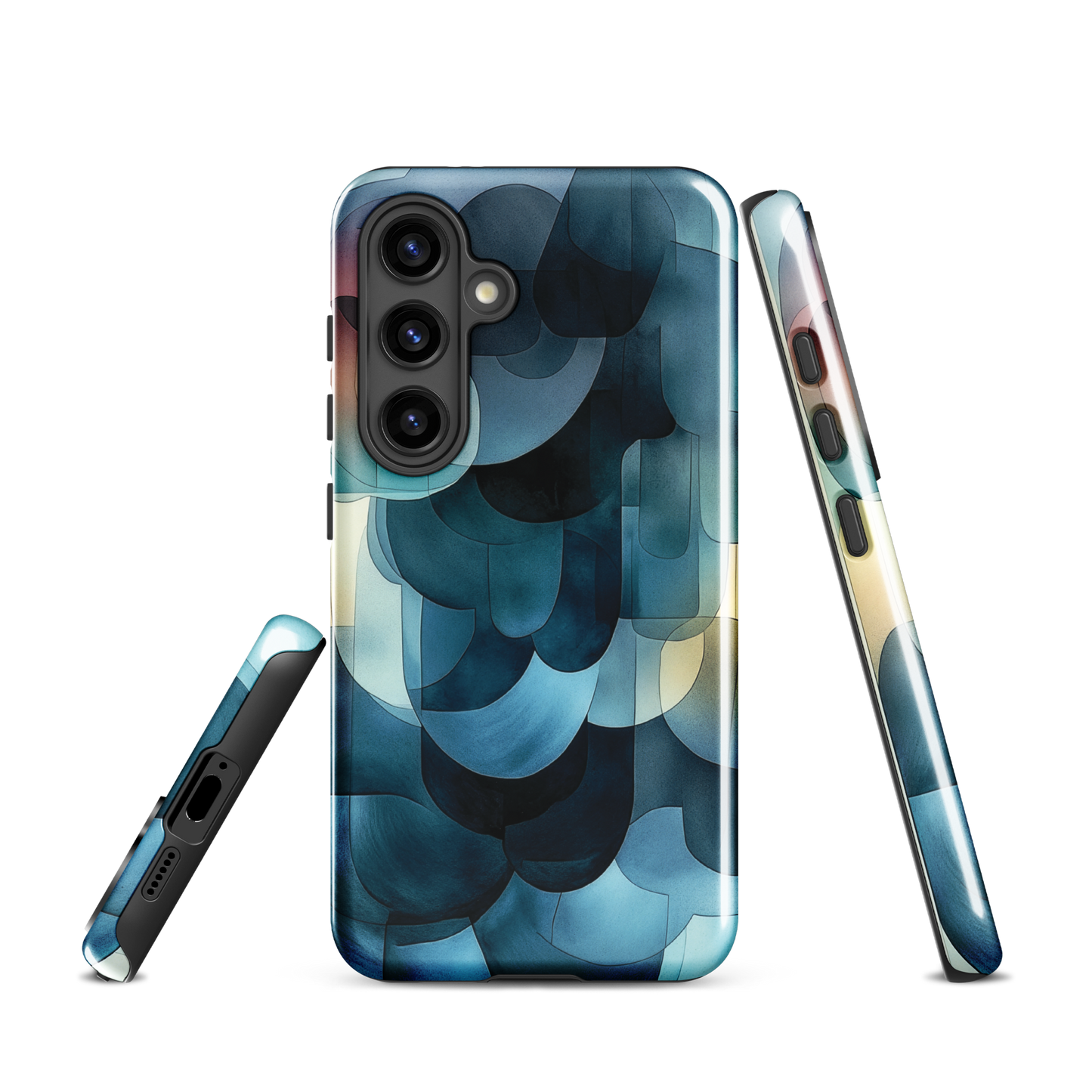 A modern abstract phone case featuring layered blue forms and soft flowing shapes.