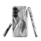 A minimalist phone case featuring fine black botanical linework in a repeating leaf pattern.