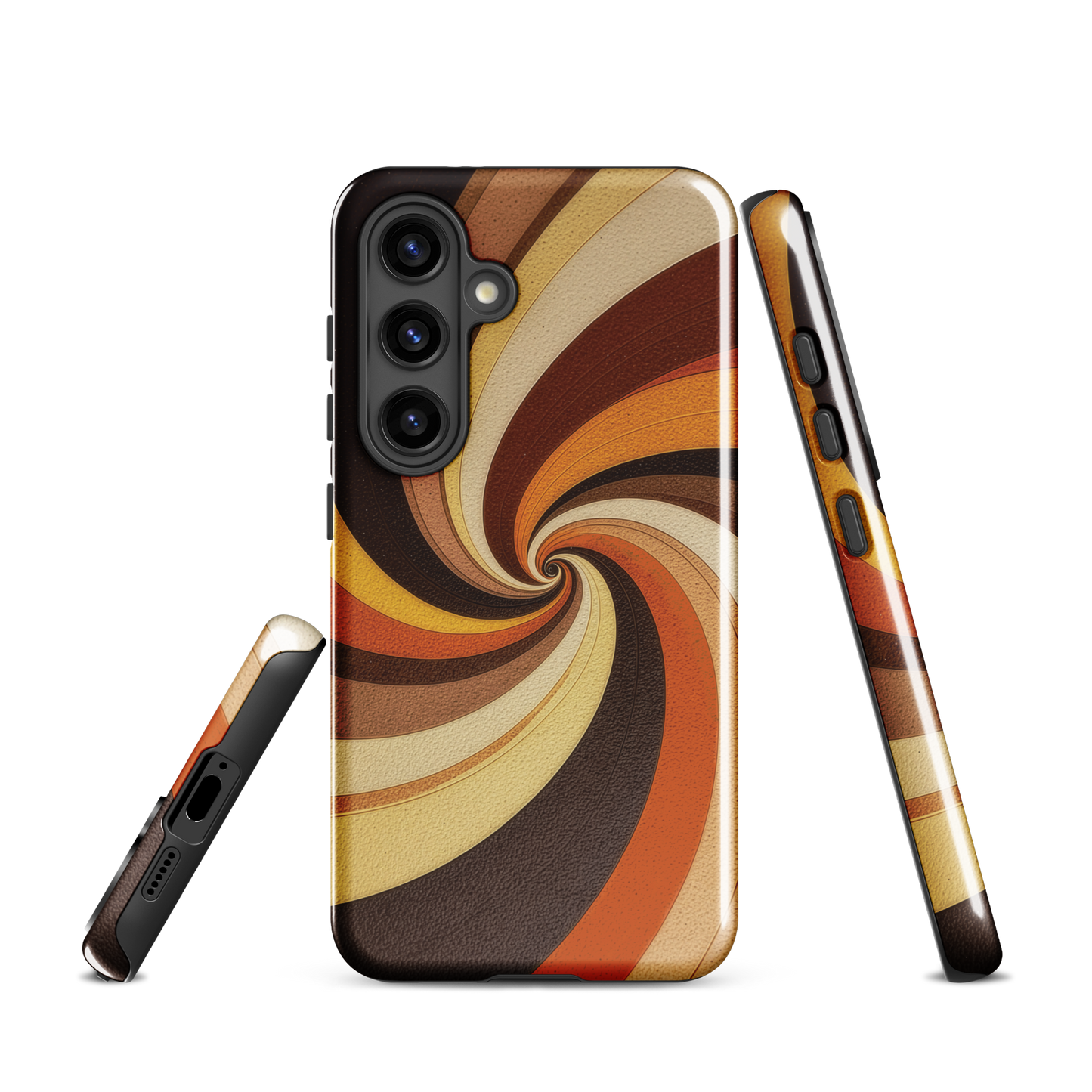 A retro-inspired phone case featuring warm swirling patterns in orange, yellow, and brown tones.