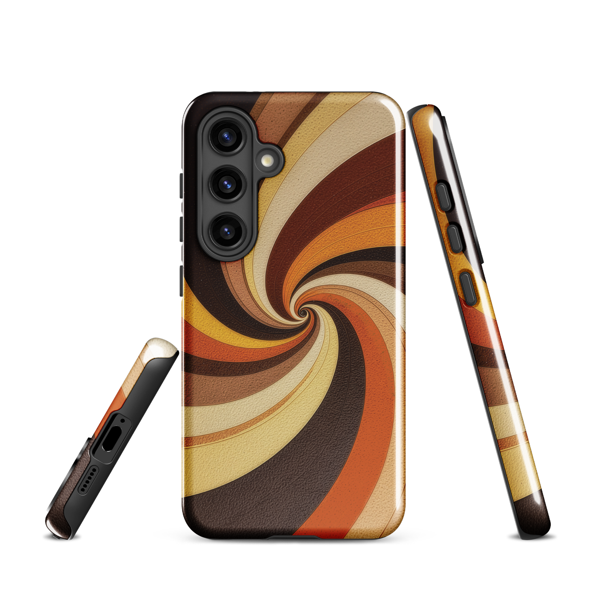 A retro-inspired phone case featuring warm swirling patterns in orange, yellow, and brown tones.