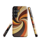 A retro-inspired phone case featuring warm swirling patterns in orange, yellow, and brown tones.
