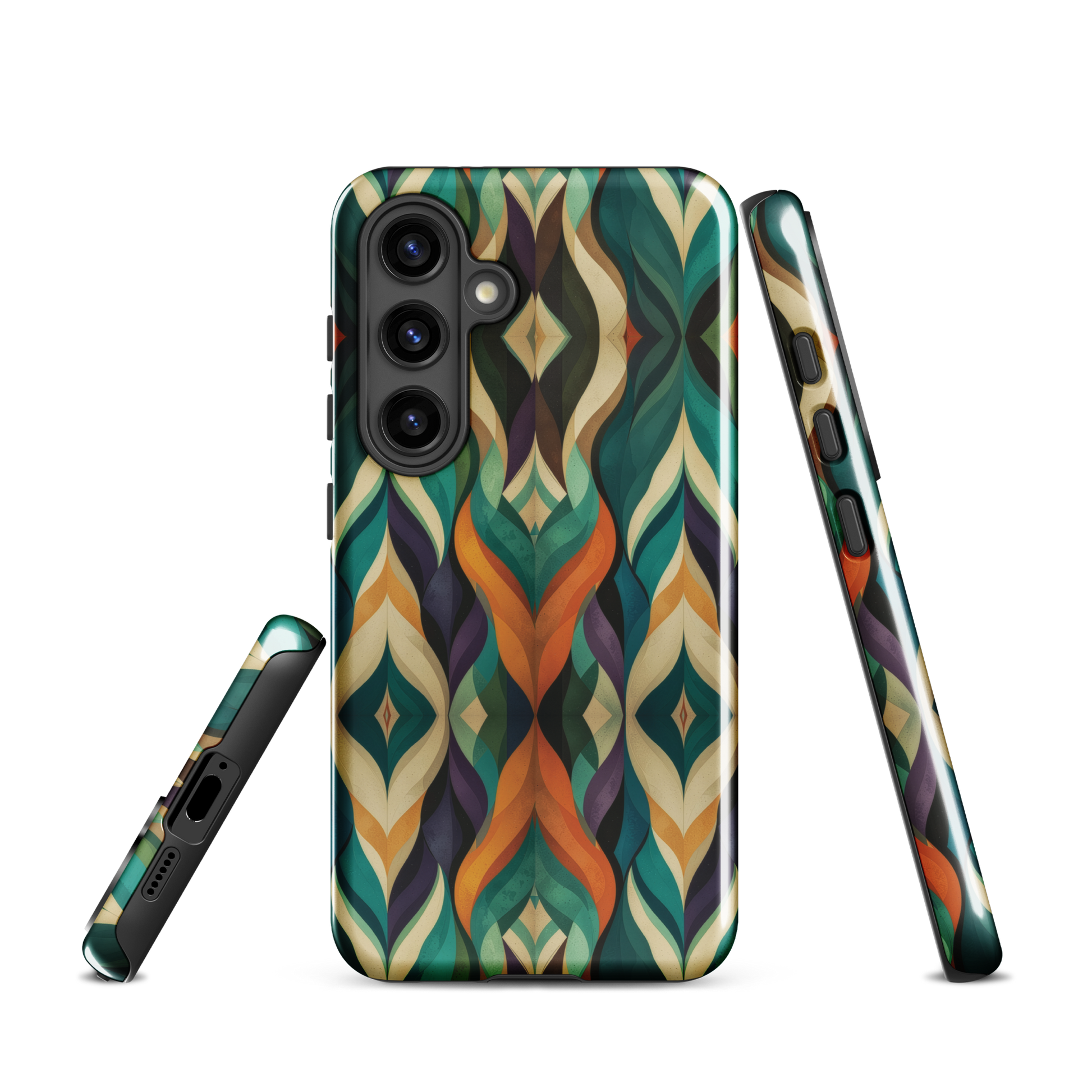A bold geometric phone case featuring layered shapes in rich, earthy tones.