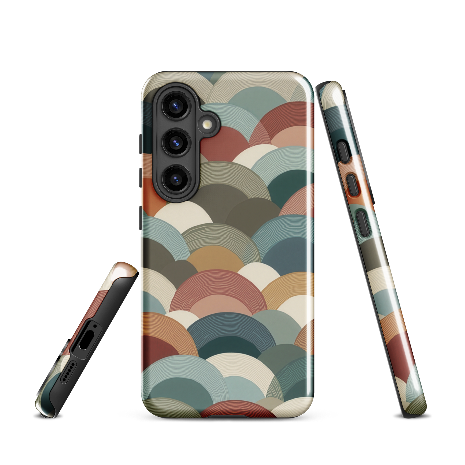 A soft retro-inspired phone case featuring layered arc shapes in warm, earthy tones.