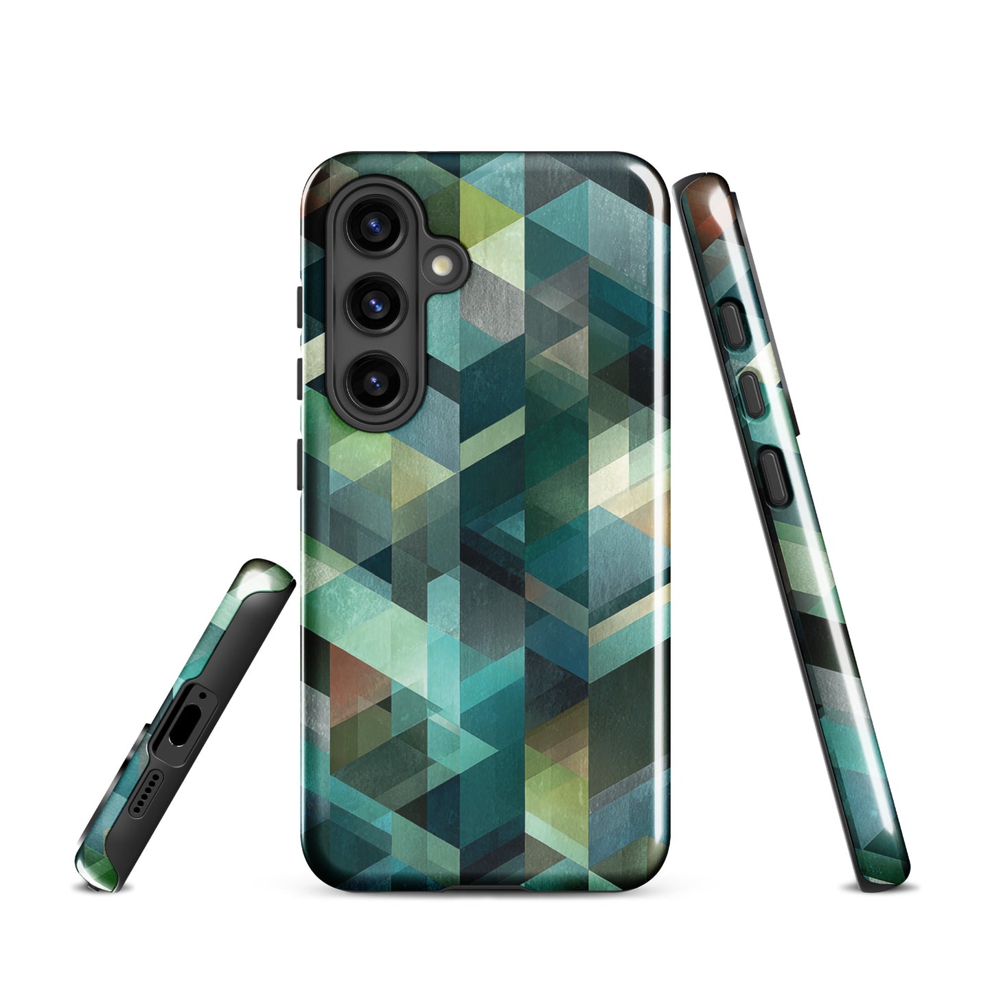 Modern abstract geometric phone case in teal and blue tones with layered retro-inspired shapes.