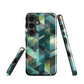 Modern abstract geometric phone case in teal and blue tones with layered retro-inspired shapes.