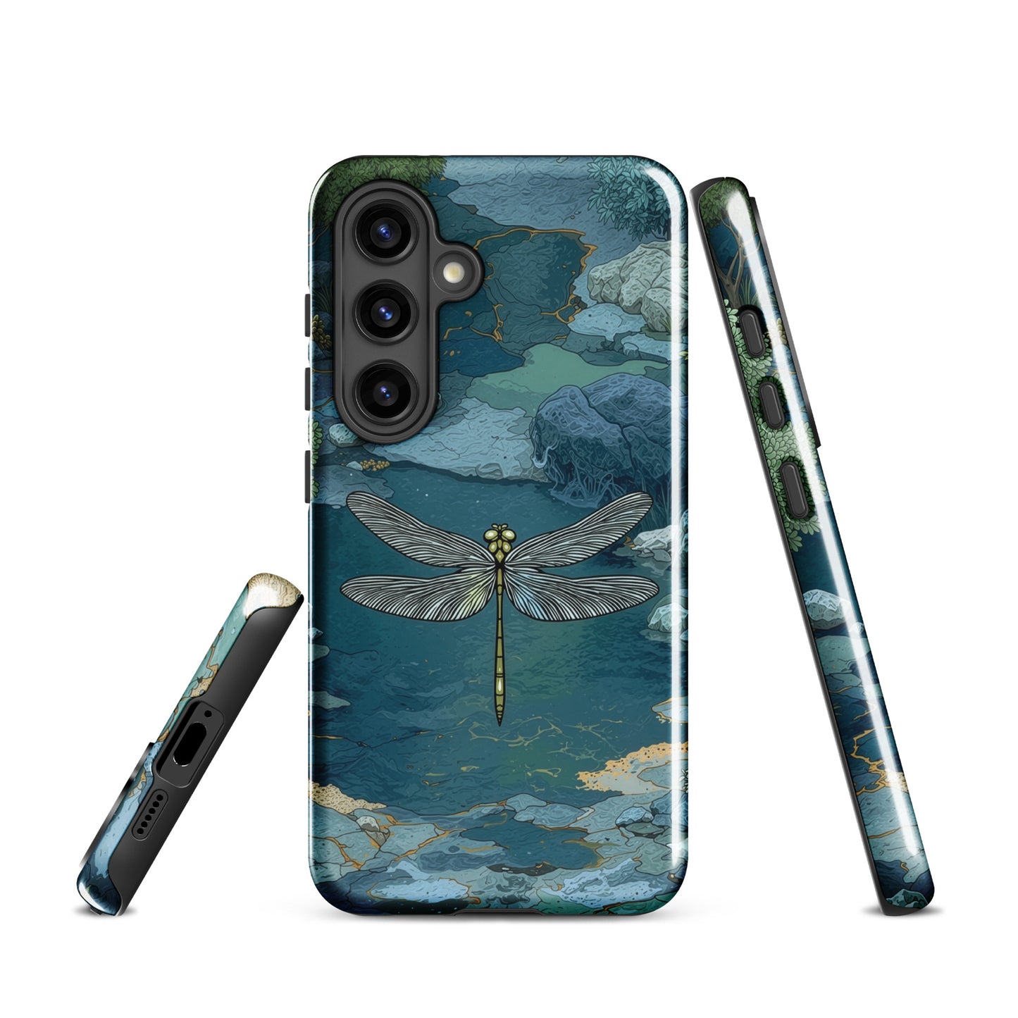 Nature-inspired phone case featuring a dragonfly over calm water with blue and green forest tones.