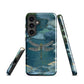 Nature-inspired phone case featuring a dragonfly over calm water with blue and green forest tones.