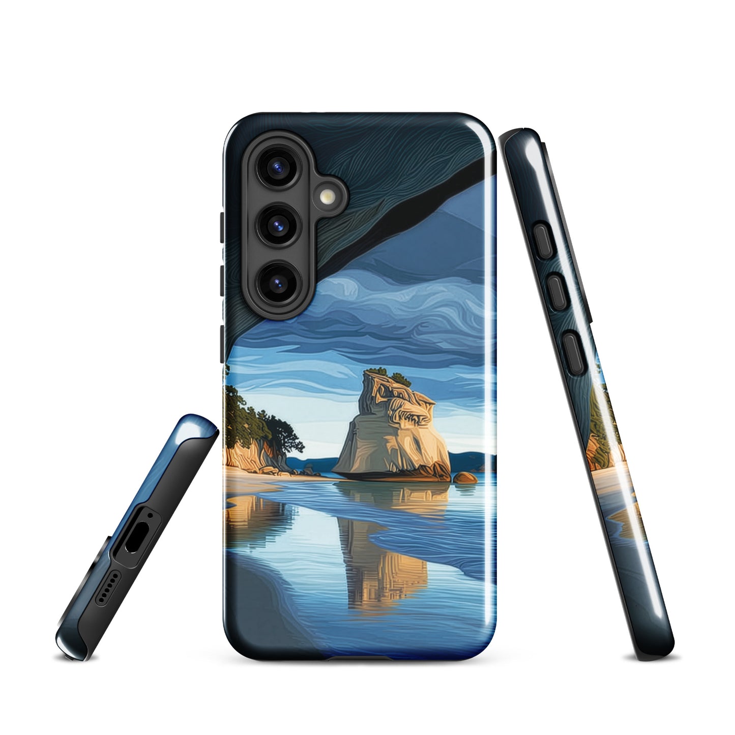 Artistic Cathedral Cove coastal designer phone case with arch rock, blue ocean and golden cliffs