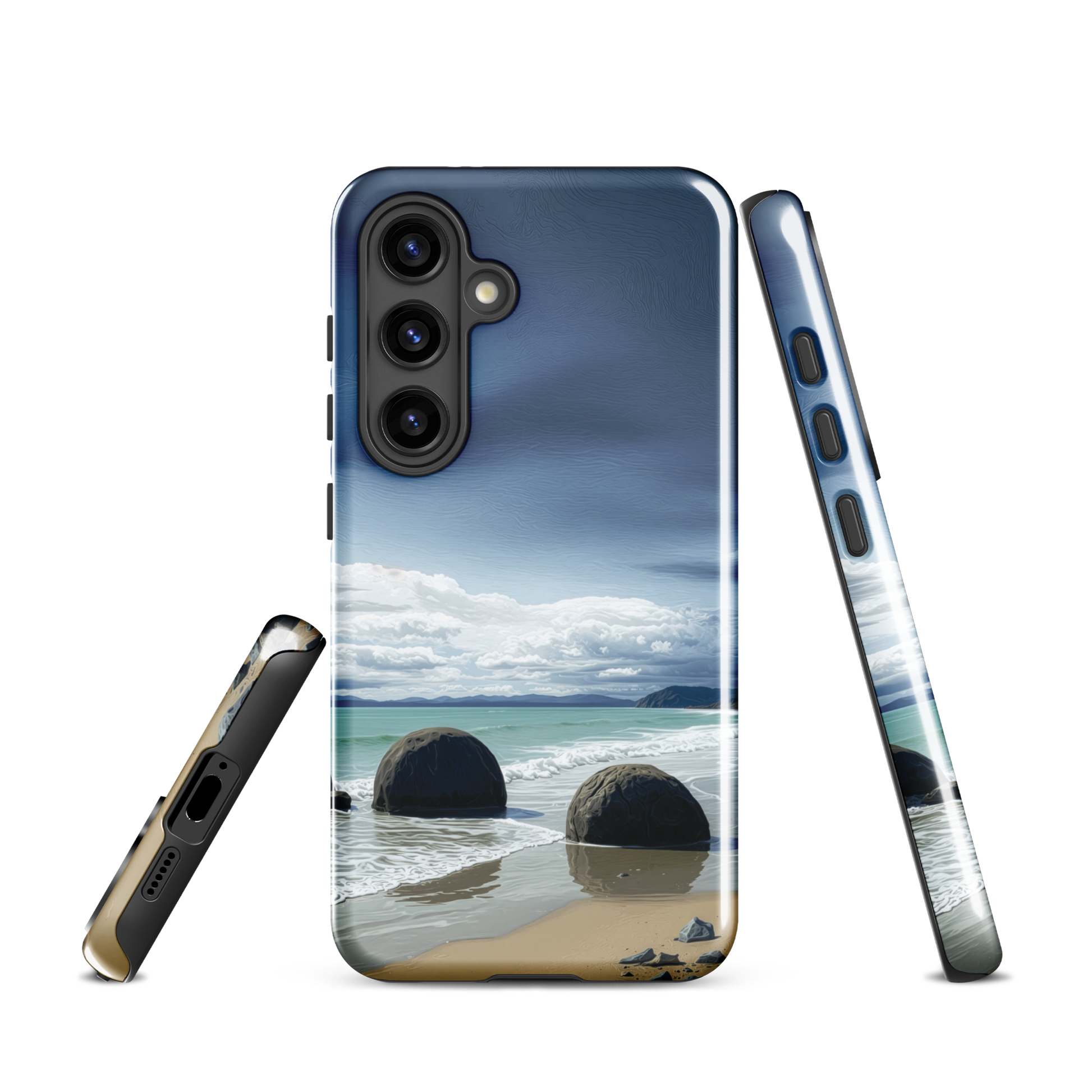 Moeraki Boulders coastal designer phone case with ocean waves and dramatic NZ sky