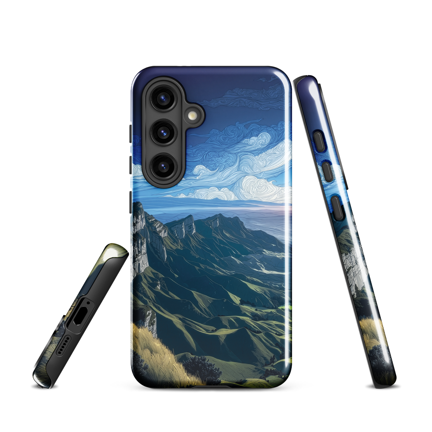 Te Mata Peak designer phone case with Hawke’s Bay cliffs, rolling green hills and dramatic swirling sky