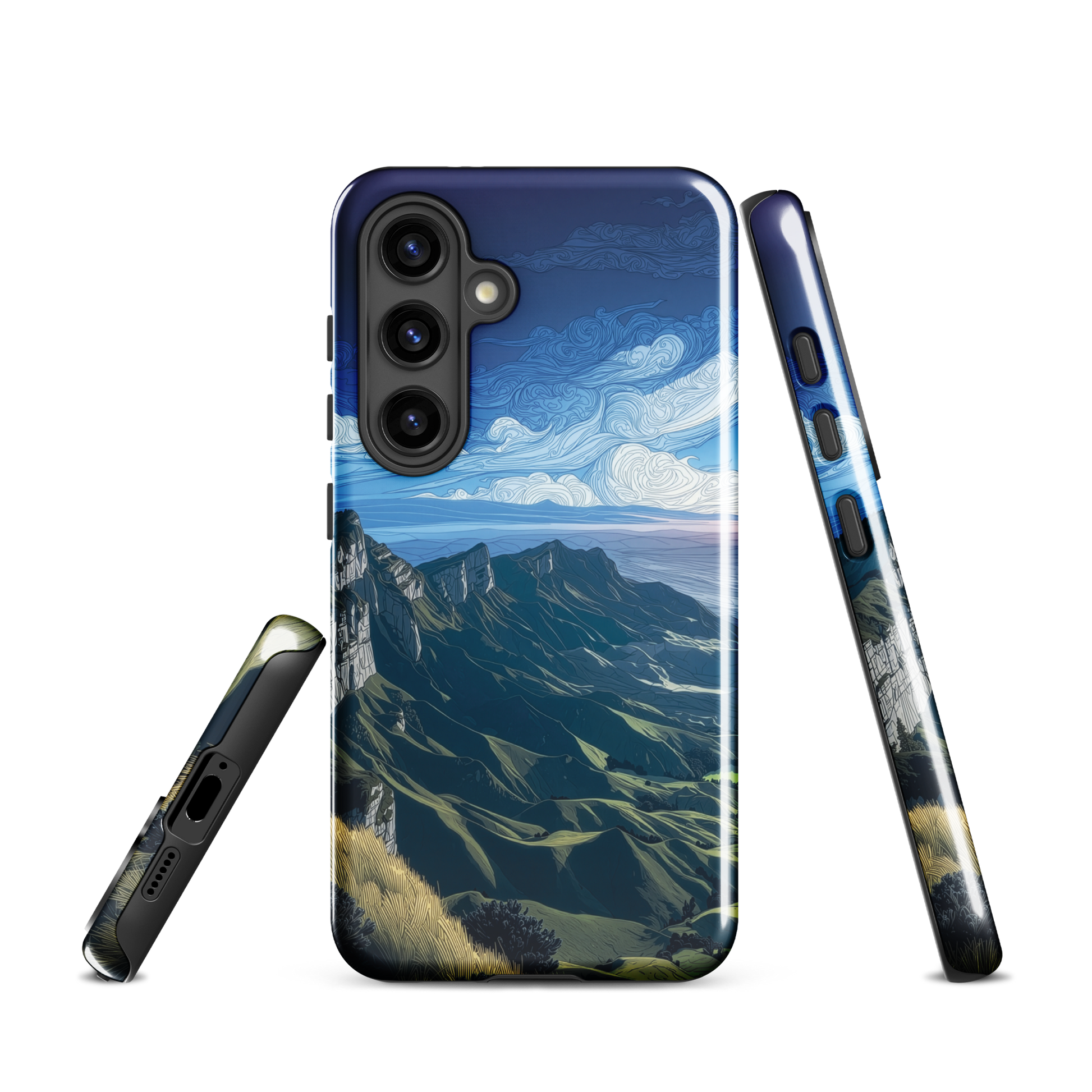 Te Mata Peak designer phone case with Hawke’s Bay cliffs, rolling green hills and dramatic swirling sky
