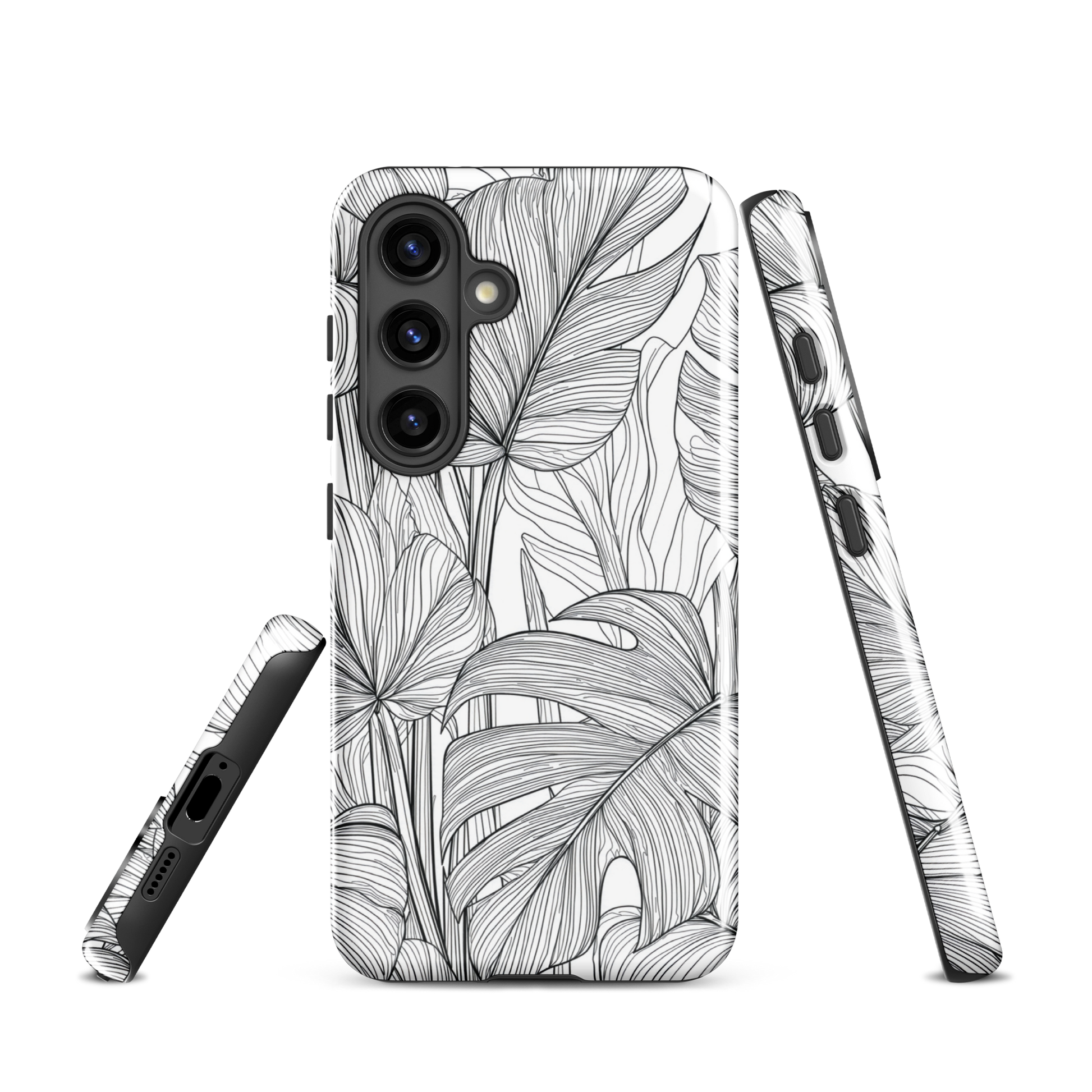 Minimal black and white tropical leaf designer phone case with detailed botanical line art