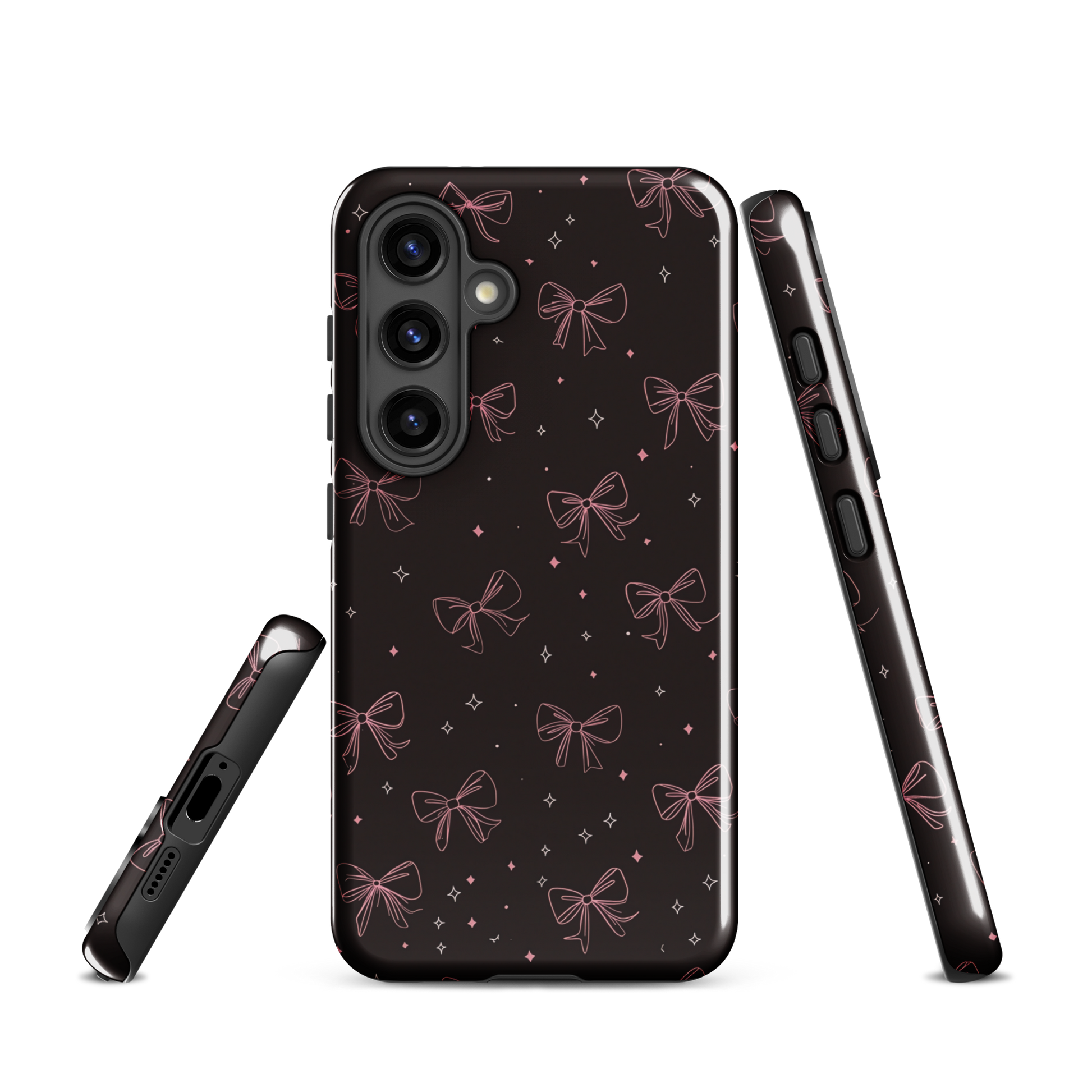 Midnight Bow seamless repeat pattern — pink hand-drawn ribbon bows and sparkle stars on a black background