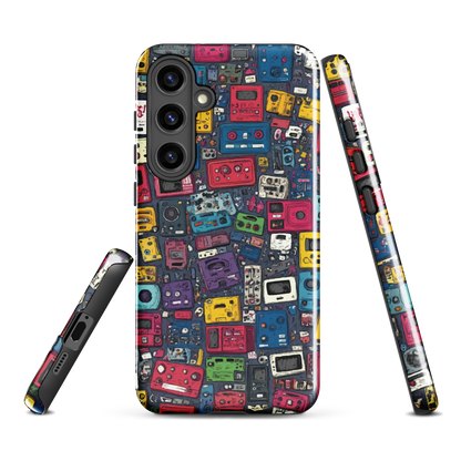 'Arcade' Samsung case, featuring a vibrant collage of hand-drawn controllers in bold, vintage-inspired colours. From electric blue and hot pink to classic black and yellow