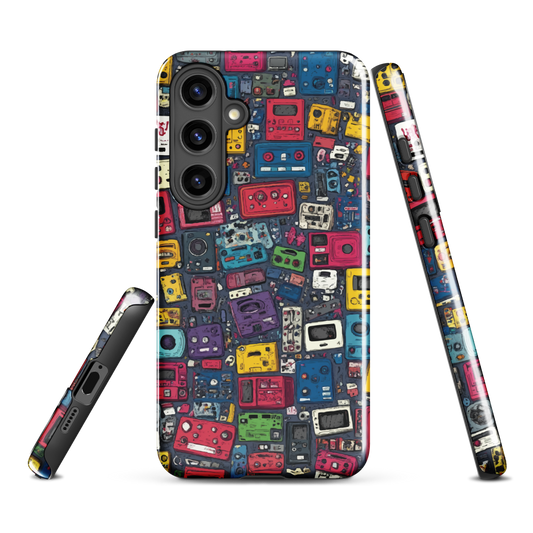 'Arcade' Samsung case, featuring a vibrant collage of hand-drawn controllers in bold, vintage-inspired colours. From electric blue and hot pink to classic black and yellow