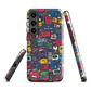 'Arcade' Samsung case, featuring a vibrant collage of hand-drawn controllers in bold, vintage-inspired colours. From electric blue and hot pink to classic black and yellow