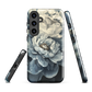 'Whisper' Samsung case features a stunning close-up of softly painted peony blooms in dreamy shades of ivory, grey, and smoky blue.