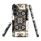 Moroccan tile pattern phone case in black, white, and gold tones with vintage-inspired design.