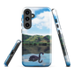 Phone case with a black swan on a calm lake, New Zealand hills in the background. Art by NZ designer Ben Hart.