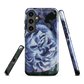 Designer phone case with a bold blue rose artwork and glossy finish.