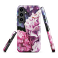 Designer phone case with pink and purple hydrangea floral artwork.