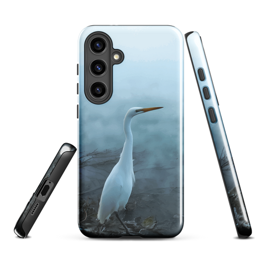 'White Heron in the mist' Samsung Galaxy S24 Plus tough phone case - protective glossy case NZ Australia
