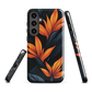 Phone case with bold orange bird of paradise flowers on dark background.