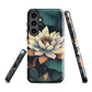 Phone case with ivory water lily, green leaves, and butterfly accents on dark background