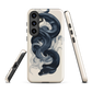 Phone case with black python and smoke design on cream background, serpent art by NZ artist Ben Hart.
