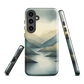 Phone case with soft mountain and valley design in misty green, blue, and golden tones